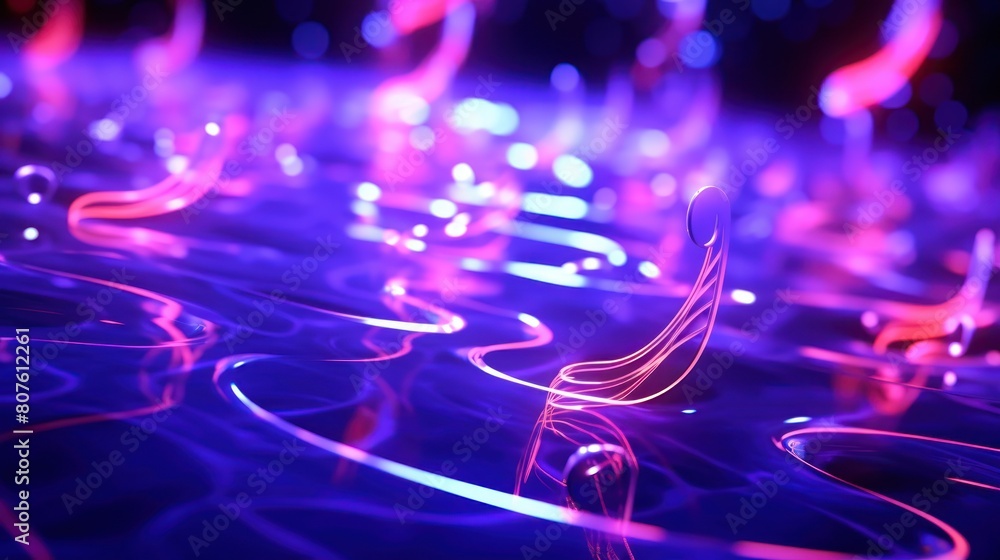 Poster abstract musical notes pulsating and swirling in a mesmerizing neon glow.
