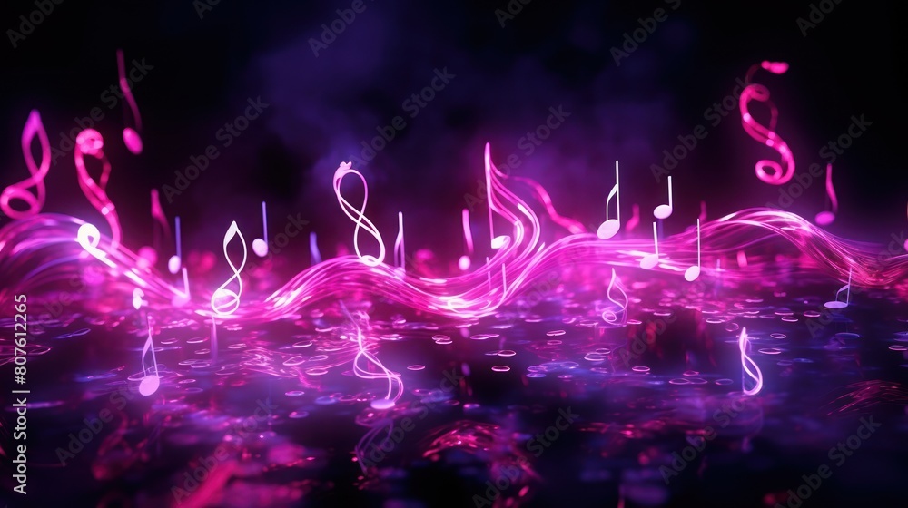 Poster abstract musical notes pulsating and swirling in a mesmerizing neon glow.
