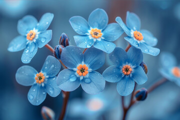 Detailed macro photography of a cluster of tiny blue forget-me-nots with soft, blurred background. AI generated.