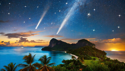 綺麗な南の島に流れ星が降りそそいでいる夕方の風景