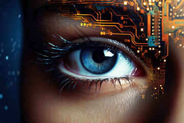 a close up of an eye with a circuit board