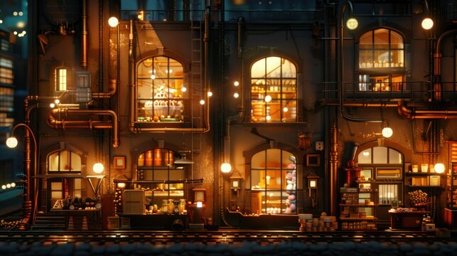   mesmerizing view of a candy factory at night, with its windows glowing with warm, inviting light.  