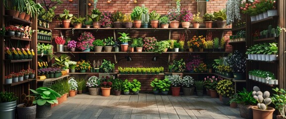 Explore The Garden Center Display Of Retail Seedling Plants Against A Brick Background, Background HD For Designer 