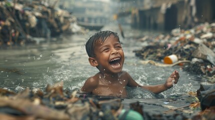 Fototapeta premium poignant contrast between a child's innocent laughter and the decaying waste floating in the polluted river behind them. 