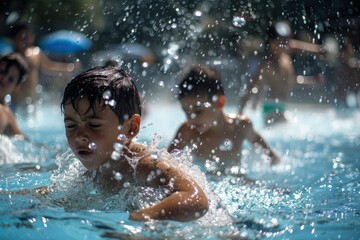a young boy swimming in a pool of water - Powered by Adobe
