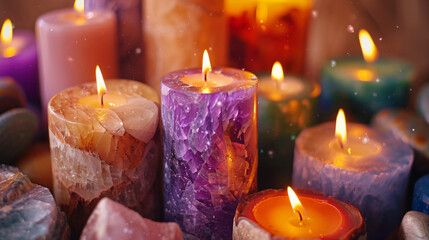 Obraz na płótnie Canvas Gemstone Candles for Spiritual Healing and Spa Relax
