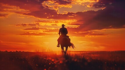 Obraz premium rugged cowboy, weathered by the elements, stoically riding his steed across a windswept prairie, his silhouette framed against a vibrant sunset. 