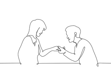 woman showing ring to man or engagement - one line art vector. concept heterosexual couple in love, a man admires his friend's engagement ring