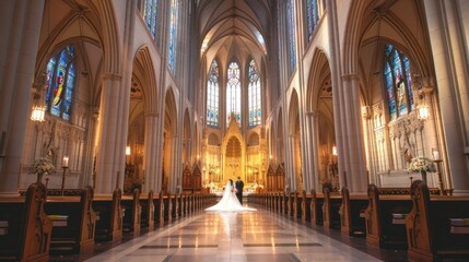 Fototapeta premium serene wedding ceremony unfolds in a grand cathedral, the priest's voice echoing through the vaulted nave as he unites the couple in holy matrimony. 