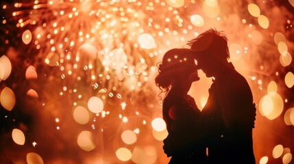 silhouette of a couple embracing against the backdrop of a breathtaking New Year's Eve fireworks show, their love radiating amidst the dazzling spectacle. 