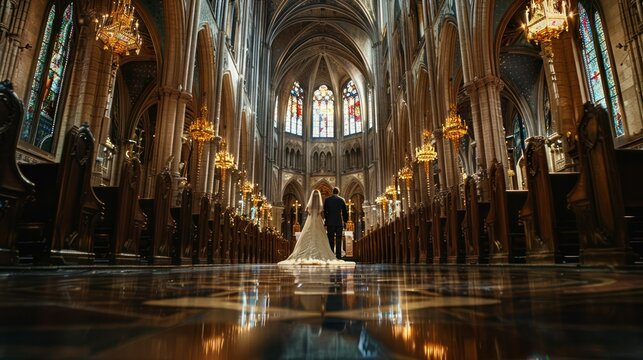 serene wedding ceremony unfolds in a grand cathedral, the priest's voice echoing through the vaulted nave as he unites the couple in holy matrimony.  