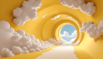 3d render, abstract minimal yellow background with white clouds flying out of the tunnel