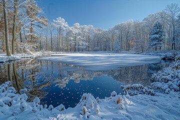 A serene, ice-covered lake surrounded by snow-covered trees under a clear blue sky.. AI generated.