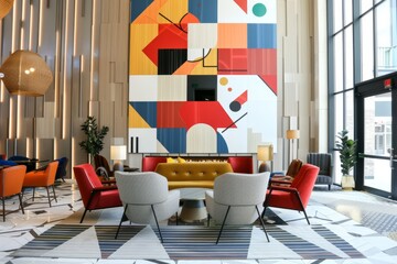 A chic empty hotel lobby with geometric patterns and vibrant accent colors, infusing the space with energy and personality, Generative AI