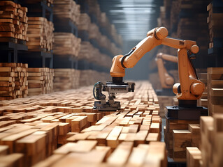 Smart robot arm systems for innovative warehouse and factory digital technology. Smart factory and 5G for industry concepts. 3D rendering and illustration