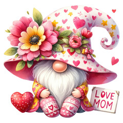Cute cartoon gnome with pink hat and floral decoration holding a heart that says Love Mom.