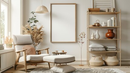 Blank Horizontal Poster Frame Mockup in Modern Scandinavian Living Room