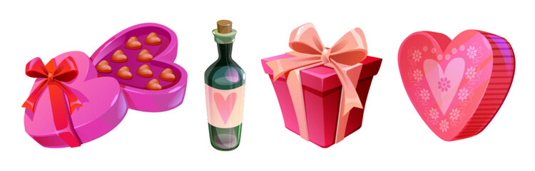 Valentine day romantic icons - open heart shaped box with chocolate candies, bottle of vine or alcohol drink, present package with ribbon and bow. Cartoon vector set of red and pink love elements.