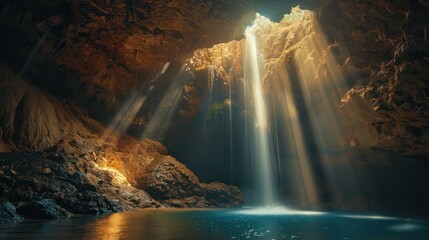   waterfall hidden within a cave, its waters reflecting the soft glow of sunlight filtering through an opening, captured with a slow shutter speed to create a mystical and otherworldly atmosphere. 