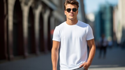 A model wearing the most popular style of white T-shirt, 