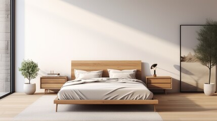 A modern bedroom with a platform bed, 