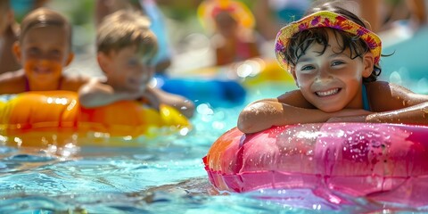 Children happily playing in a sunny outdoor pool, embodying carefree summer joy. Concept Outdoor Photoshoot, Joyful Portraits, Summer Fun, Carefree Children, Sunny Pool Day - obrazy, fototapety, plakaty