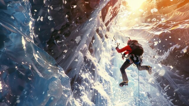 An ice climber rappelling down a sheer ice cliff, the viewer's perspective capturing the dizzying height and adrenaline-fueled descent.  