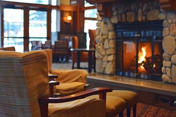 A cozy empty hotel lobby with a crackling fireplace and oversized armchairs, inviting guests to...