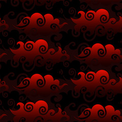 A pattern of red gradient Chinese clouds in a traditional Asian style. Bright clouds merge with the dark background. Thick, cloudy clouds. Repetition of traditional Asian materials. Natural motifs