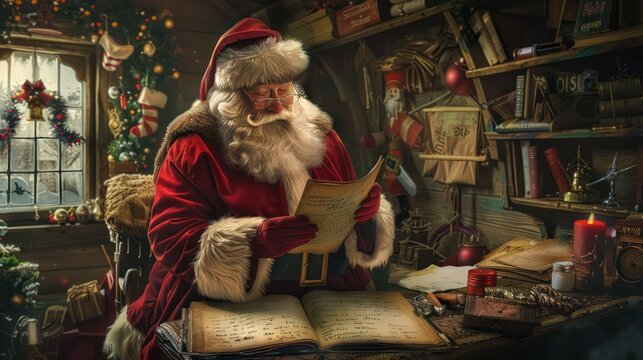 Santa Claus reading a list of children's names in his workshop before embarking on his Christmas Eve journey.  