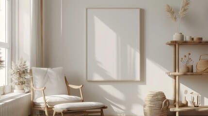 Blank Horizontal Poster Frame Mockup in Modern Scandinavian Living Room