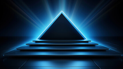 Minimalistic image of a podium for products. Studio lighting. Luxurious dark blue metallic color. Generative AI
