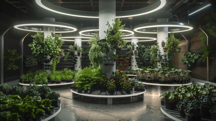 Organic Oasis Innovative Indoor Farming Concept with Circular Plant Arrangement and Modern Geometric Lighting