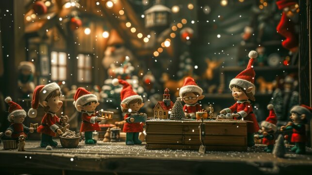 Santa Claus's elves busy making toys in his workshop, with a festive atmosphere in the air.  