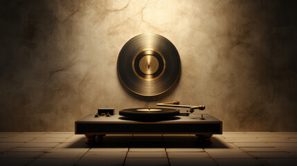 A record player sits on a table with a record on it