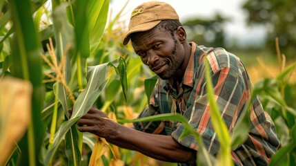 farmer tilling or harvesting corn plants in a lush field surrounded by rows of tall green stalks, agriculture in Africa with copy space