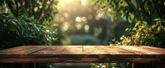 Imagine The Tranquility Of An Empty Wooden Table Set Against A Garden Bokeh Background, Evoking A Rustic Outdoor Charm, Background HD For Designer 