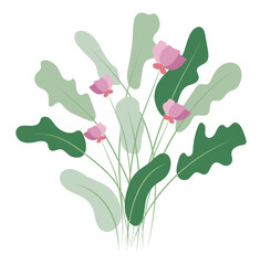 Abstract pink flower bush in flat design. Decorative blossoms with leaves. Vector illustration isolated.