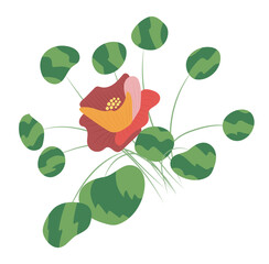 Abstract red camellia with leaves in flat design. Decorative flower bouquet. Vector illustration isolated.