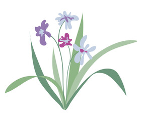 Abstract purple wildflowers in flat design. Summer blooming iris flowers. Vector illustration isolated.