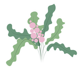 Abstract pink wildflower in flat design. Decorative blossom with leaves. Vector illustration isolated.