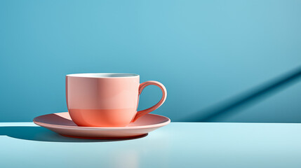 A pink cup sits on a white plate on a blue table