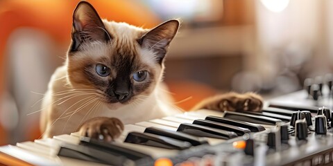 An Elaborate Account of a Siamese Cat Playing a Synthesizer. Concept Cat playing synthesizer