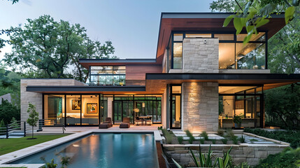 A modern house with a pool, light brown wood cladding facade and glass windows, green trees around...