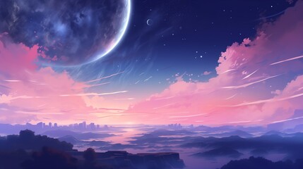 a landscape with a planet and a city in the background