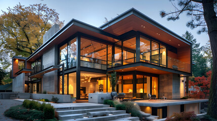 A modern house with concrete walls and large windows, featuring an exterior terrace made of steel...