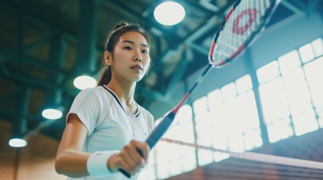 young Asian female badminton player posing with her racket on court, ready for action. Fictional Character Created by Generative AI.
