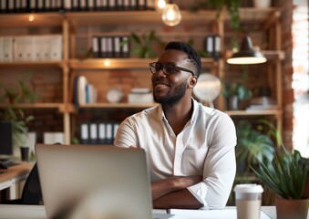 Fototapeta premium Smiling African American Man with Laptop in Modern Office Environment