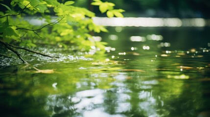 green tree reflected in a still pond, with the water's surface creating a bokeh effect. 