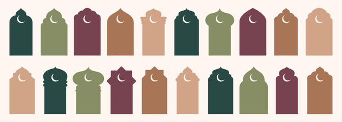 Shape Islamic door and window silhouette Arabic arch. Collection of patterns in oriental style. Frames in Arabian Muslim design for Ramadan Kareem. Vector mosque gate shape isolated on white